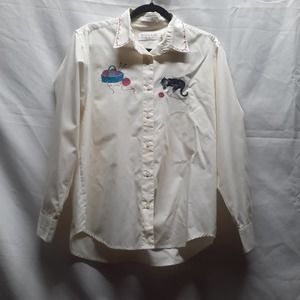 Jennifer Blair Off White Kitten Yarn Embroidered Vtg long sleeve button up 14